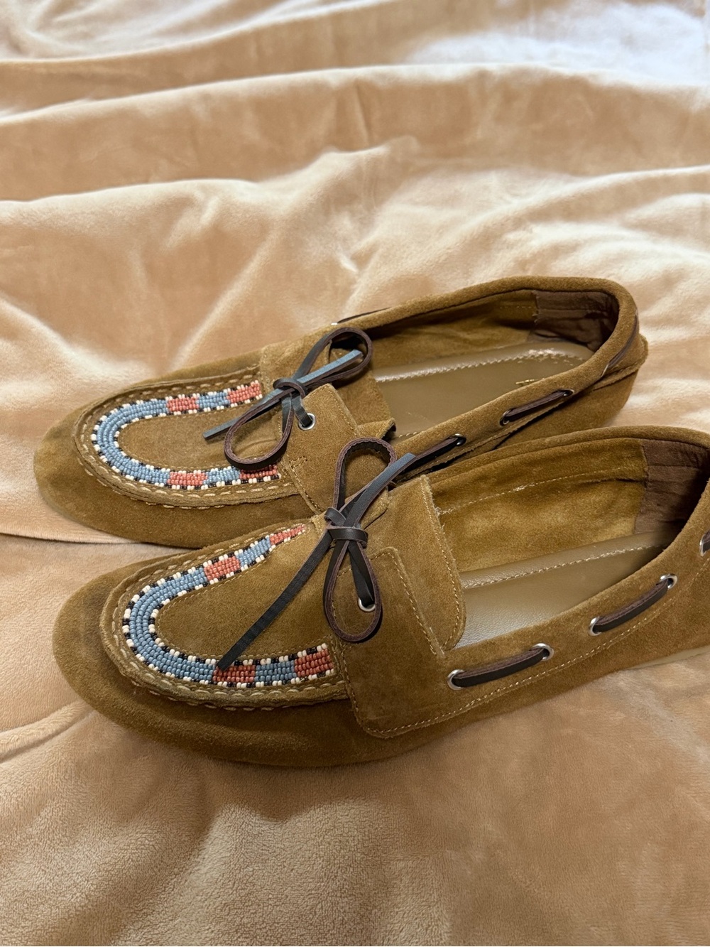 Zara Suede Moccasin Loafers in Olive Brown with Beaded Detail Women’s 40/10